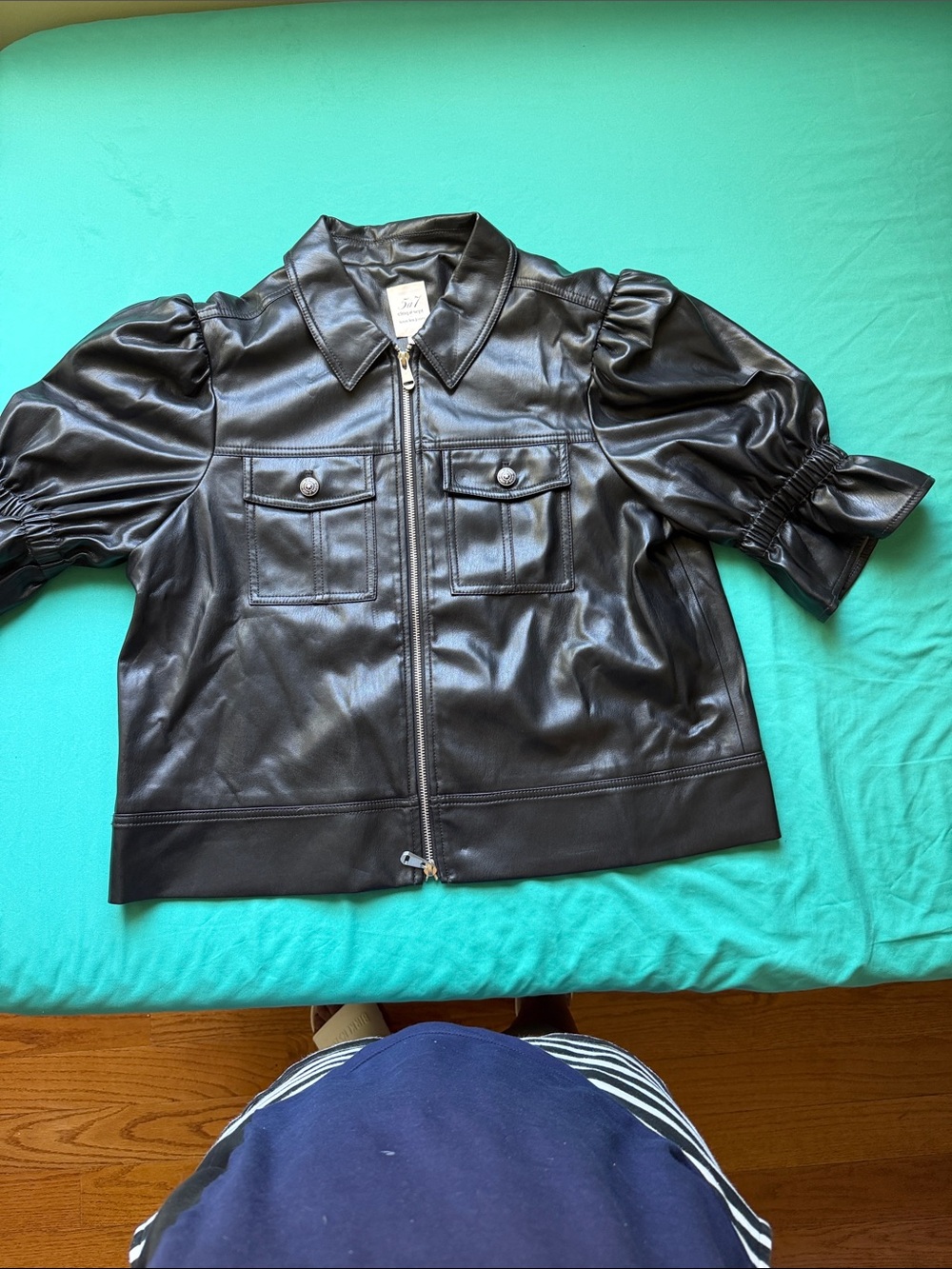 cinq a sept Black Faux Leather Puff-Sleeve Zip Jacket
